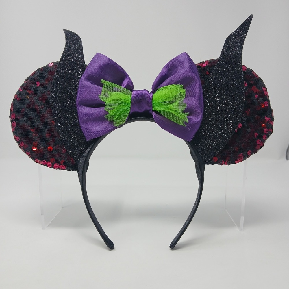 Disney Villains Maleficent Mickey Minnie Ears Sequin Horn Headband w/ Purple Bow